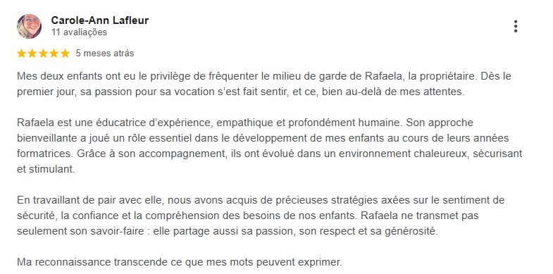Témoignage Google d'une famille pour une garderie bilingue à Pierrefonds